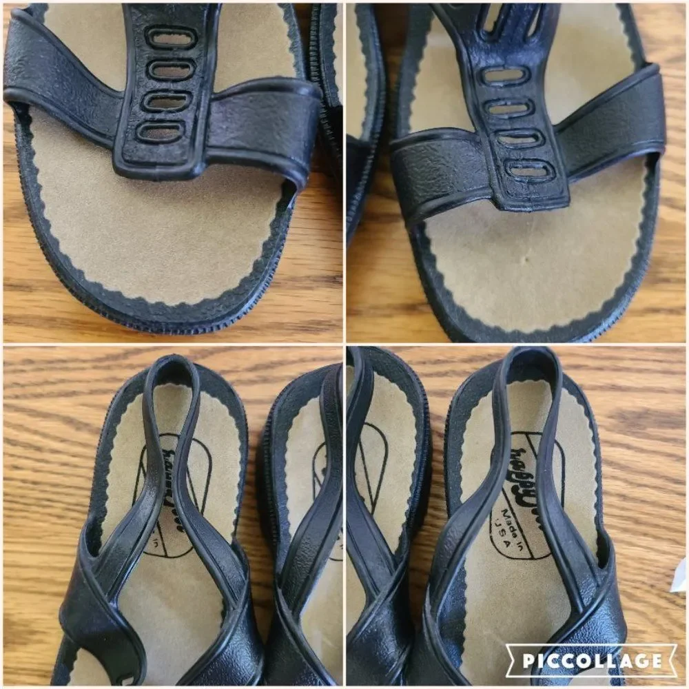 Vintage Women's Happy Feet Black T-Strap Sandals Size 24 CM ~7 US Made Corona CA